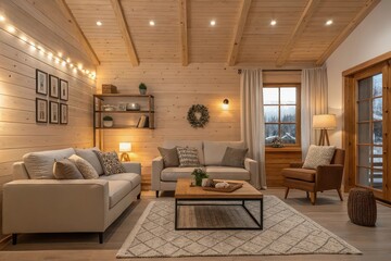 Cozy modern living room with wooden accents, warm lighting, and a snowy landscape outside