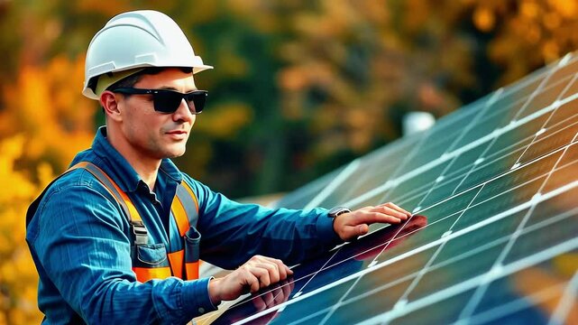 Technician installing solar panels on a rooftop during autumn, showcasing energy solutions and innovation