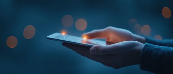 person using tablet with glowing display