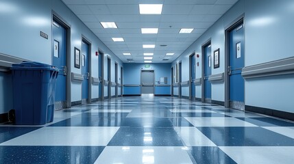 Clean and modern hospital corridor with blue walls, shiny floor, and doors leading to patient rooms