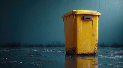 A bright yellow trash bin sits on a wet floor against a textured blue wall, reflecting light