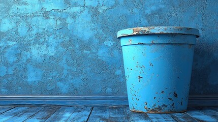 Weathered blue pot against a textured wall in a serene indoor setting with wooden floor