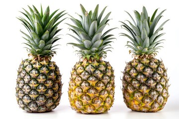 Three pineapples aligned on white background. AI generated