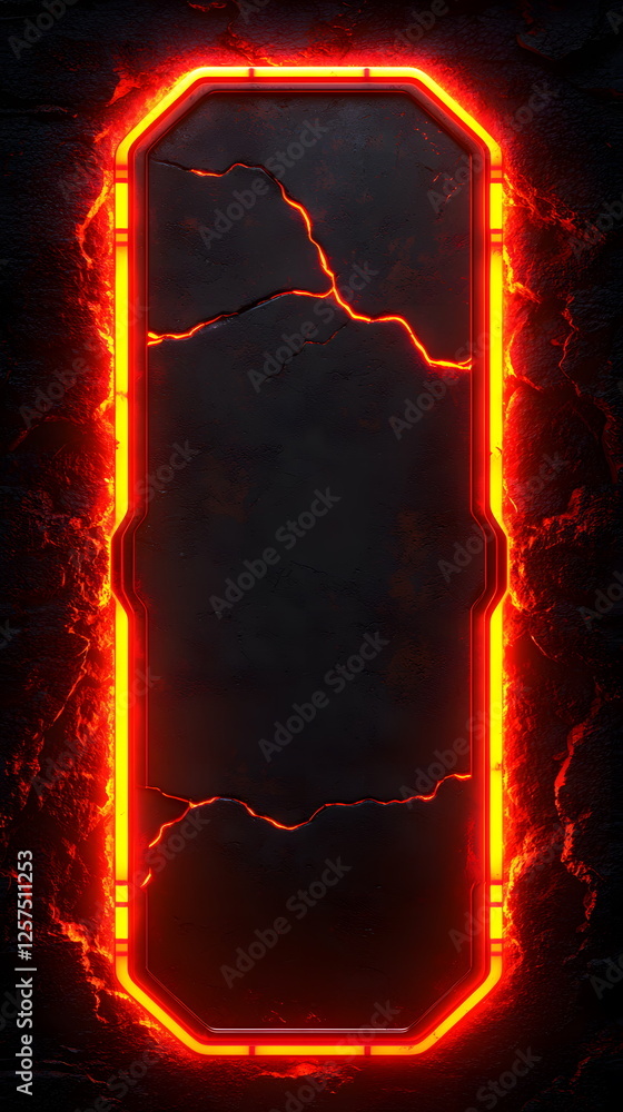Aufkleber glowing neon rectangular frame with cracks illuminated by red light on dark textured background.