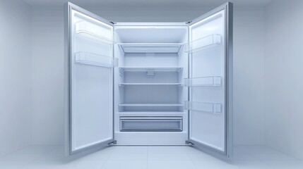 Empty refrigerator in white room, interior view