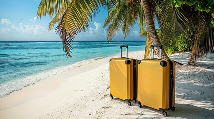Luggage resting on a tropical beach with palm trees and a serene ocean backdrop, evoking travel