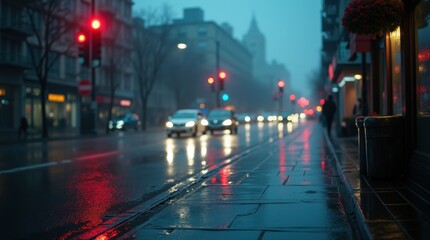 Fototapeta premium Moody urban landscape on a rainy day, showcasing reflective city streets