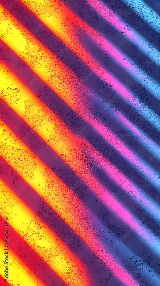 Poster vibrant colored light casting diagonal shadows on textured wall creating an abstract art effect in b