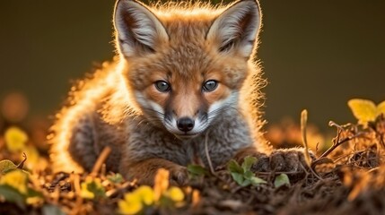 Naklejka premium A fox cub lies in the dry grass in the golden sunlight.