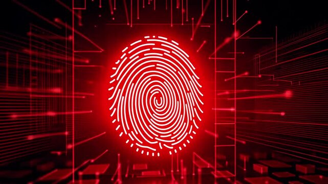Abstract digital fingerprint glowing in red with lines and circuits illustrating technology and security