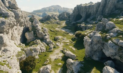 Obraz premium Rocky mountain valley path, sunny day, aerial view; game background