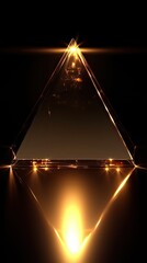 Illuminated crystal pyramid casting reflections on a dark surface with a glowing light source below