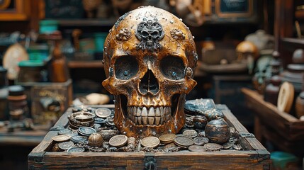 Ornate skull centerpiece surrounded by antique coins in a vintage shop filled with curiosities
