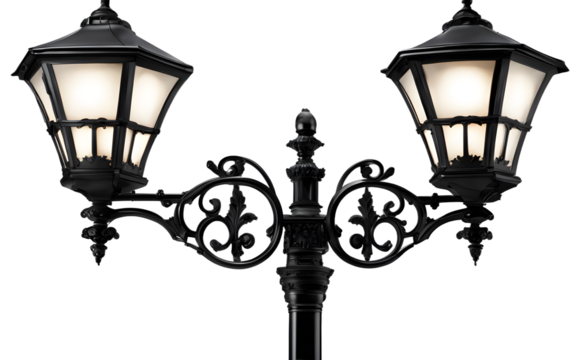 A classic black street lamp with an ornate design, isolated on a empty plain background