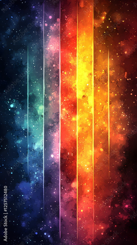 Poster colorful cosmic abstract background with bright swirling patterns and glowing light rays in a starry