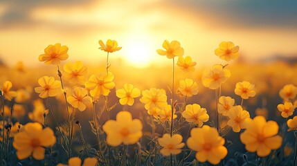 Vibrant field of yellow flowers during sunset with a warm glow illuminating the landscape