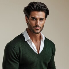 Fototapeta premium Portrait Of A Confident Young Man In A Dark Green Sweater With A White Collared Shirt And A Pleasant Expression. With A Modern And Stylish Appearance. A Close Up Portrait Under Good Studio