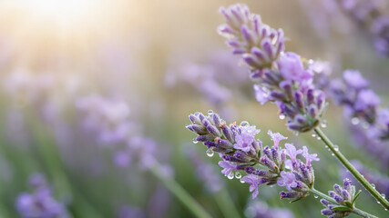Obraz premium Delicate close-up of lavender petals with morning dew, soft focus on edges, capturing the essence of natural beauty in soft purples and greens.