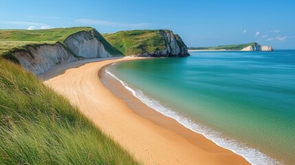 Serene beach landscape with golden sand, lush green cliffs, and calm turquoise waters under blue sky