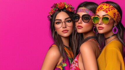 Three women, summer fashion, pink background, friendship