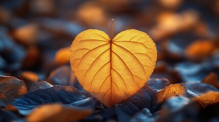 Heart-shaped orange leaf on a bed of blue leaves, showcasing autumn's beauty in nature