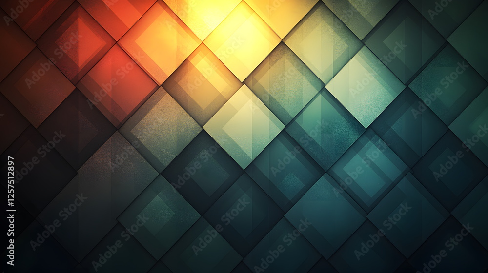 Poster colorful geometric pattern with overlapping diamond shapes in shades of red, orange, and blue tones 