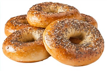 Poppy seed bagels on white background. AI image