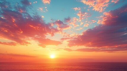 Vibrant sunset over the ocean with colorful clouds reflecting warm hues in the sky