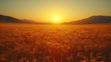 Golden wheat field under a vibrant sunset with mountains in the background, evoking tranquility