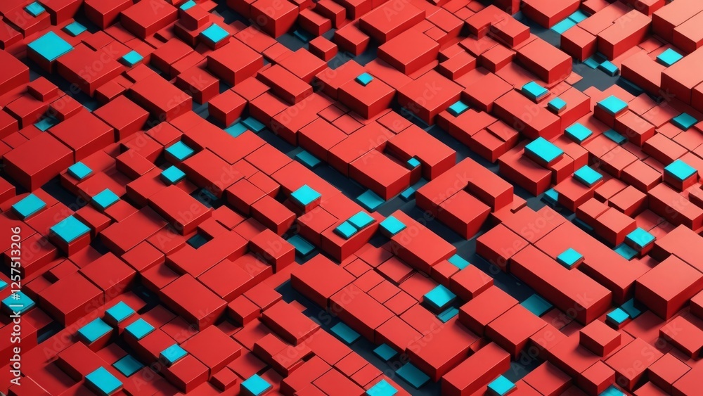 Poster an abstract composition of red and turquoise 3d cubes creating a dynamic geometric pattern