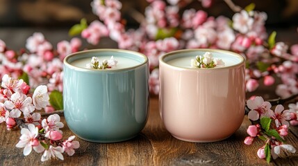 Two beautifully arranged candles surrounded by blooming cherry blossoms on a wooden table