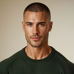 Fototapeta premium Portrait of a Confident Young Man with Short Hair and Green Sweater Against a Neutral Background