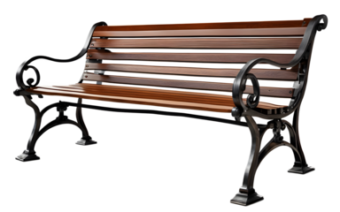 A sturdy wooden park bench with metal armrests, isolated on a empty plain background
