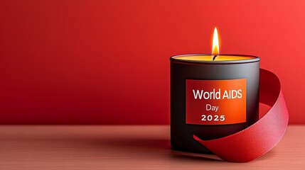 A candle dedicated to World AIDS Day 2025, adorned with a red ribbon against a red background.