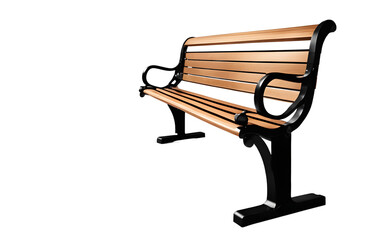 A sturdy wooden park bench with metal armrests, isolated on a empty plain background