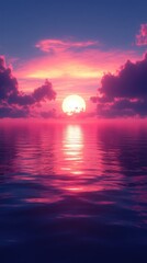 Serene sunset over calm waters with vibrant colors reflecting on the surface