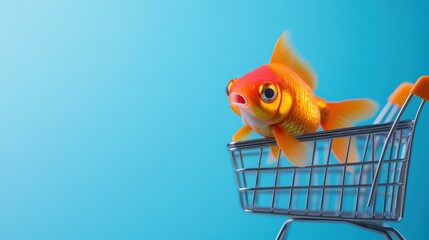 goldfish in a shopping cart against blue background