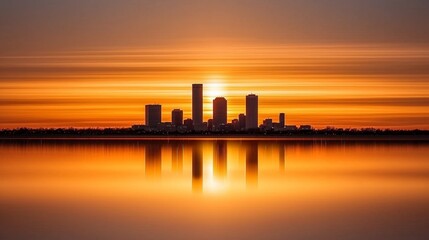 Fototapeta premium A view of a city skyline at sunset from across the water