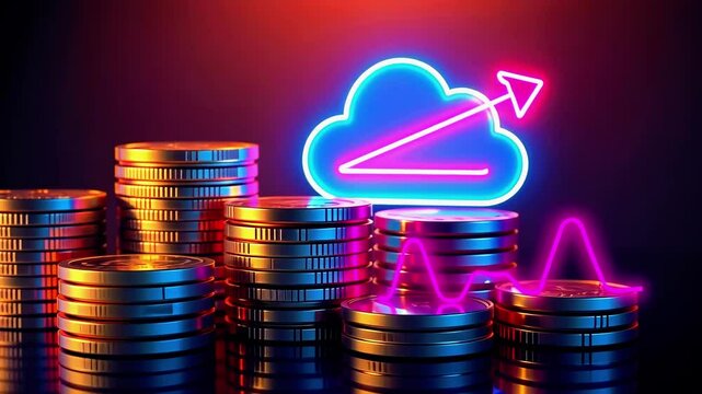 Digital representation of financial growth with stacked coins, cloud symbol, and upward trend in neon colors