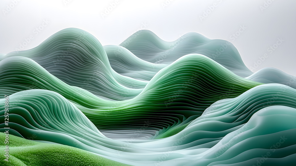 Poster lush green abstract landscape with wavy hills and smooth contours in a serene atmospheric setting wi