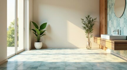 Fototapeta premium Serene minimalist bathroom design featuring light-toned tile flooring, a sleek wooden vanity, and lush potted plants basking in the warm sunlight streaming through a large window.
