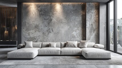 Modern minimalist living room featuring a spacious light-colored sofa and large windows with nature view