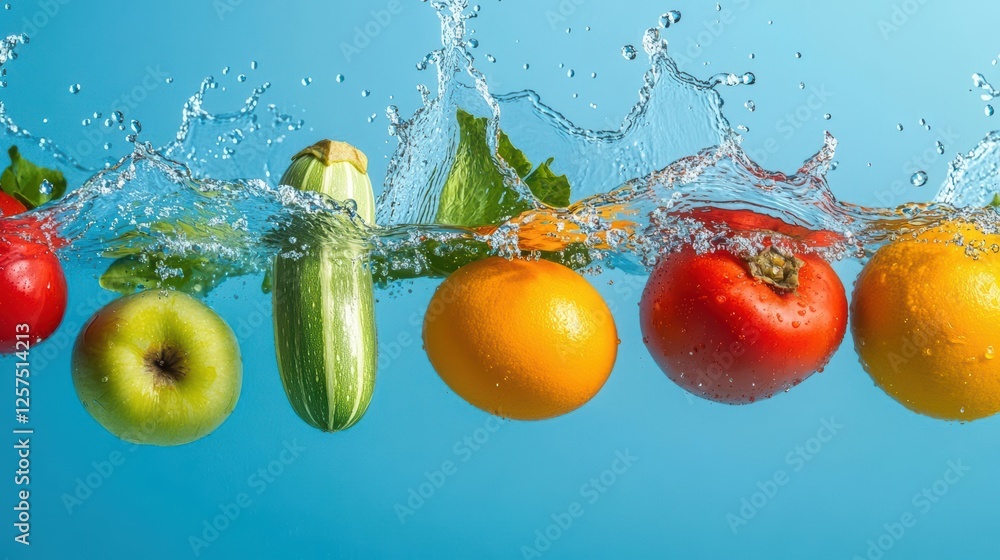 Aufkleber Group of assorted fruits splashing into clear water creating dynamic motion and vibrant colors