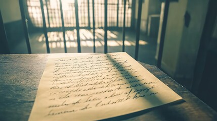 Weathered handwritten letter on aged paper placed on wooden desk, symbolizing a jail letter, evoking somber and reflective emotions, historical and nostalgic concept.