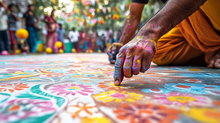 A street artist paints alpana (traditional Bengali pattern) designs on the ground in bright colours during Pohela Boishakh celebrations, Ai generated images