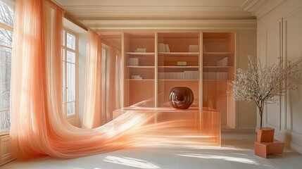 Elegant interior with flowing orange curtains, minimalist furniture, and a serene atmosphere