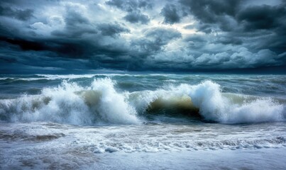 Fototapeta premium Stormy ocean waves crashing on beach; dramatic clouds