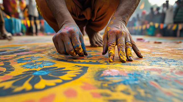 A street artist paints alpana (traditional Bengali pattern) designs on the ground in bright colours during Pohela Boishakh celebrations, Ai generated images