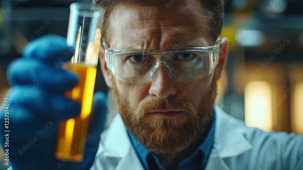 Poster in a modern laboratory, a focused scientist wearing a lab coat and protective goggles holds up a tes
