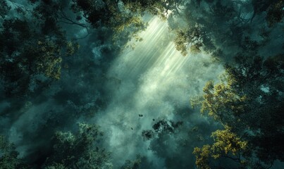 Obraz premium Sunbeams pierce mystical forest canopy, birds fly, fantasy background; game, book, film